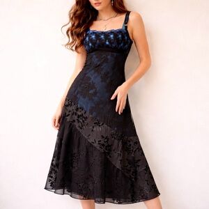 Y2K Babydoll Lace Velvet Midi Dress Blue Black M Kollontai
